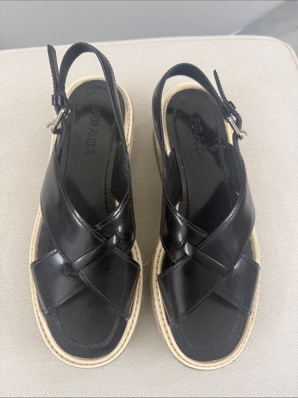 Prada Black Leather Crisscross Slingback Sandals with Cream Trim